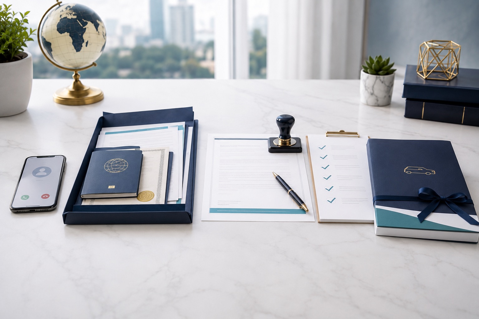 Etapas do atendimento sobre a mesa: ligação, documentos, carimbo, checklist e pasta finalizada